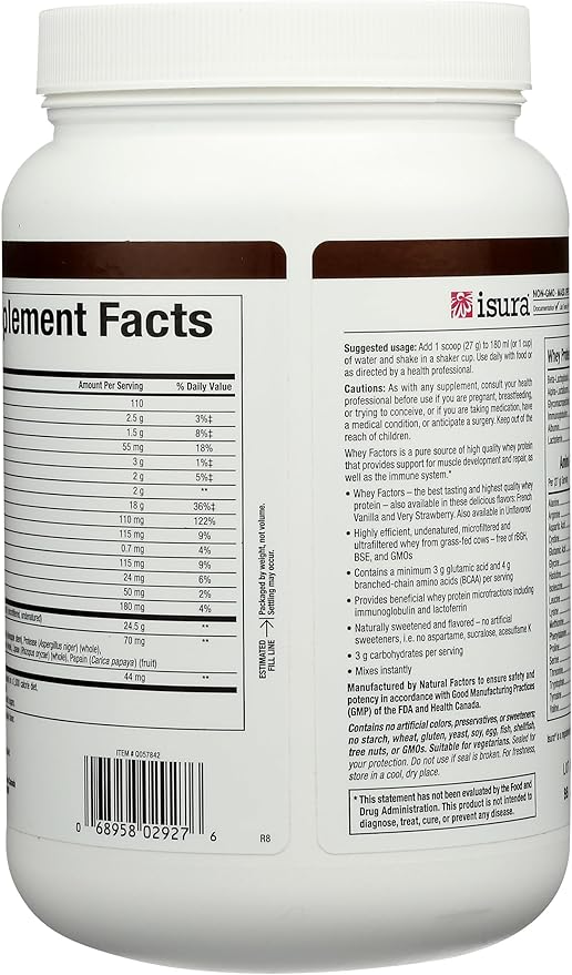 Whey Factors by Natural Factors Grass Fed Whey Protein Concentrate Aids Muscle Development and Immune Health Double Chocolate 12 Oz