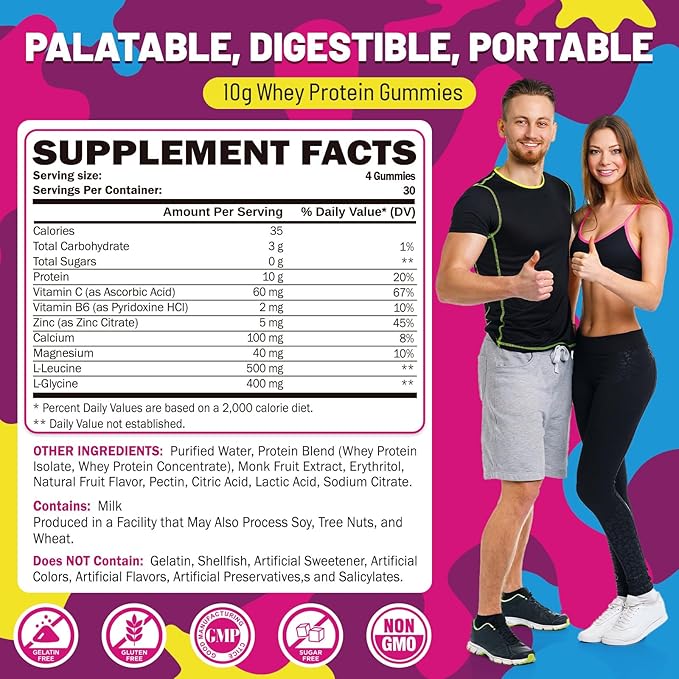 Protein Gummies Chewable Whey Protein Supplement with L-Glycine &amp L-Leucine 10g Protein for Women &amp Men Muscle Hair Skin &amp Nails 120 Count