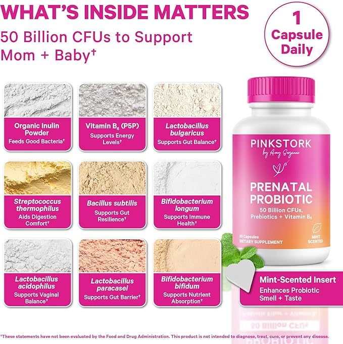 Pink Stork Prenatal Probiotic for Women | 50 Billion CFU | Vitamin B6 Prebiotics | Pregnancy Probiotics for Morning Sickness | Digestive Immune &amp Gut Health | Vegan Gluten-Free | 30 Capsules