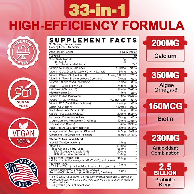 Sugar Free Magnesium Glycinate Gummies 400mg with Ashwagandha + Womens Multivitamin Gummies w Omega-3 Calcium Enzymes &amp Probiotic