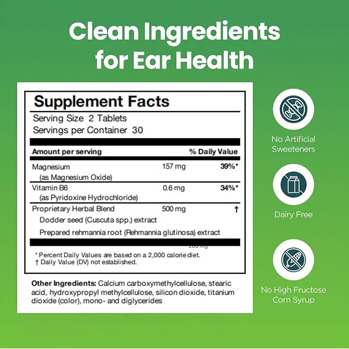 Healthear Auditory Wellness Supplement – Magnesium Vitamin B6 &amp Patented Botanical Complex – Daily Hearing Support Formula – Dietary Supplement for Auditory Health – 60 Tablets