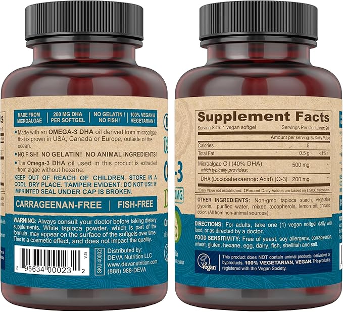 DEVA Vegan Omega-3 DHA Supplement Once-Per-Day Softgel 200 MG Carrageenan Free Gelatin Free Non-Fish Algae Oil Omega-3 Fatty Acids - 90 Softgels (Pack of 2)