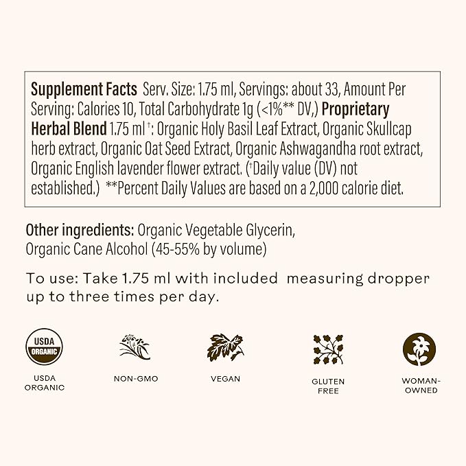 Wooden Spoon Herbs Tranquility Tonic | USDA Certified Organic Stress Relief &amp Sleep Aid Tincture | 6 Herb Complex with Organic Skullcap Ashwagandha Oat Tops Holy Basil Lavender | 2oz 32 Servi