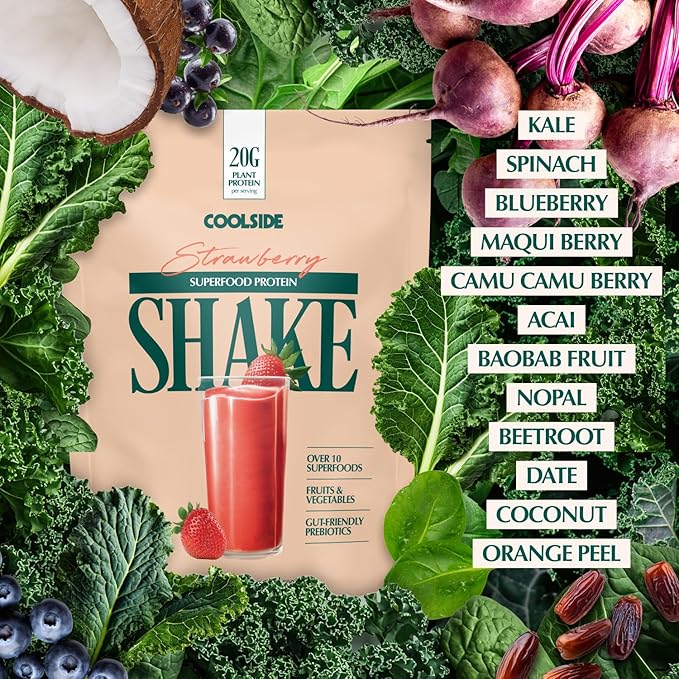 Coolside Superfood Plant Protein – 20g Smooth Seed Protein Blend – Prebiotic Fiber for Easy Digestion – Superfoods and Greens - Daily Wellness Shake for Health and Longevity - Strawberry