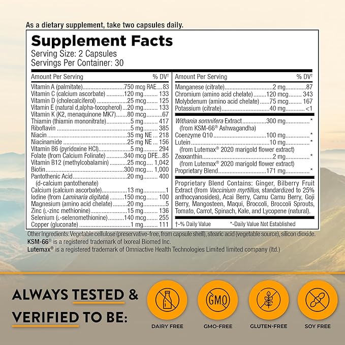 Mt. Angel Vitamins - Daily Mens Multivitamin 50+ Adult Formula with Iron Calcium KSM-66 Ashwaganda and a Potent Proprietary Herbal Blend of The Best Mens Vitamins - 60 Count Capsules