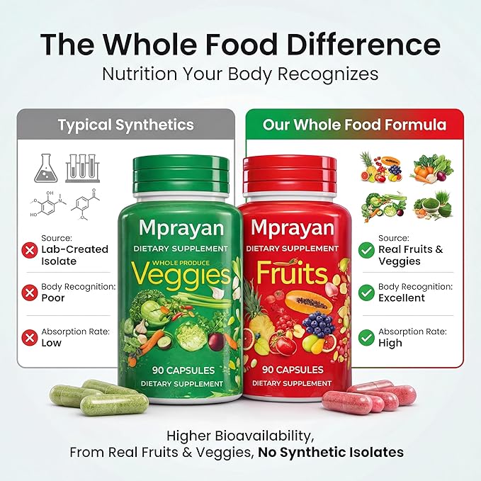 Fruit and Veggie Superfood for Natural Energy &amp Immune Support | 30+ Whole Foods Vegan Non-GMO | 90 Fruit + 90 Veggie Capsules – 30-Day Supply (2-Bottle Set)