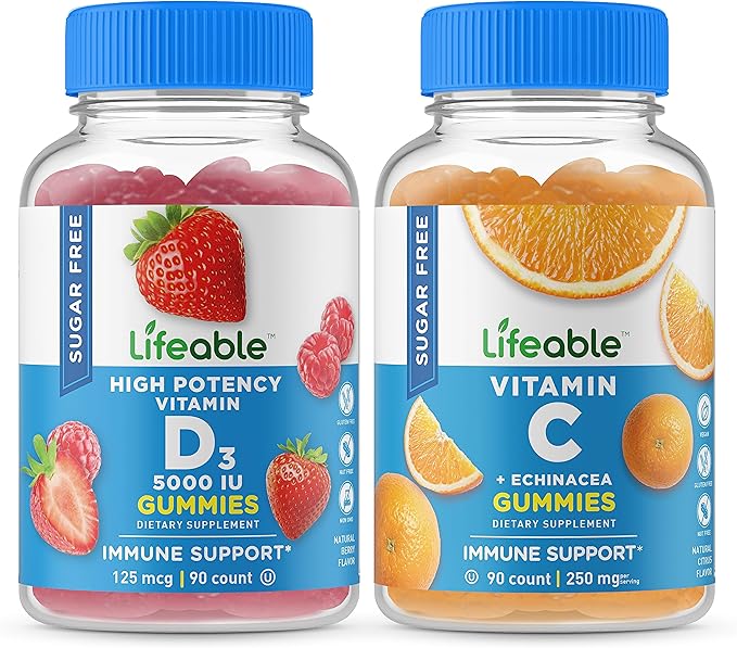 Lifeable Sugar Free Vitamin D 5000 IU + Vitamin C Gummies Bundle - Great Tasting Vitamin Supplement Gluten Free GMO Free Chewable Gummy