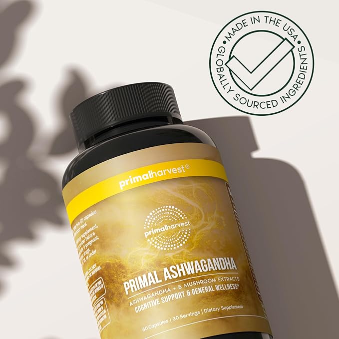 Primal Harvest Ashwagandha Supplement with 5 Mushroom Extracts: Lion’s Mane Reishi Cordyceps Turkey Tail &amp Maitake for Immune Support &amp Cognitive Health