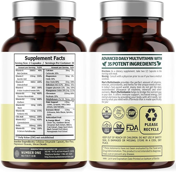 Number One Nutrition Premium Men's Daily Multivitamin Multimineral Supplement [Gluten Free Non-GMO] Vitamins A C E D B1 B2 B3 B5 B6 B12 Magnesium Biotin Sprulina and Zinc 60 Veg Caps