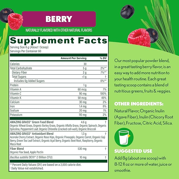 Amazing Grass Greens Blend Superfood: Super Greens Powder Smoothie Mix with SpirulinaChlorellaBeet Root PowderDigestive Enzymes &amp ProbioticsBerry60 Servings (Packaging May Vary)(Pack of 2)