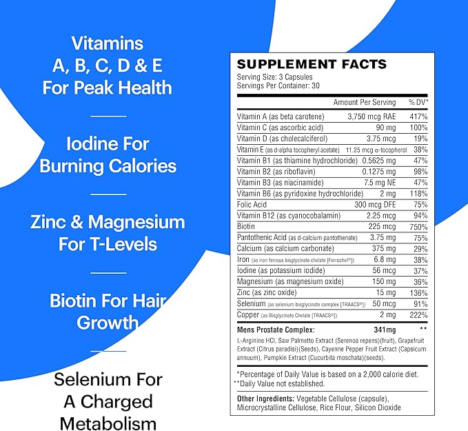 Wellthy His Daily Natural Multivitamin for Men Premium Prostate Support Supplement Support Hair Growth (30 Day)