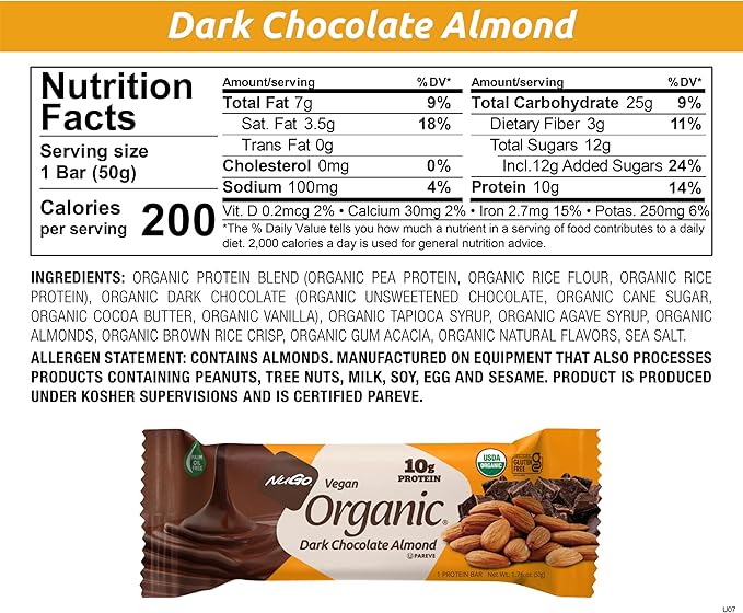 Nugo Organic Dark Chocolate Almond 10g Vegan Protein Gluten Free 24 count