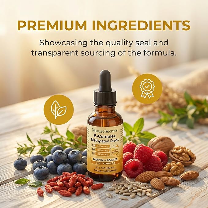 NATURESECRETS B-Complex Methylated Drops B12 B6 B1 Sublingual Vitamin B Complex Energy &amp Nervous System Support Raspberry Flavor 4 fl oz