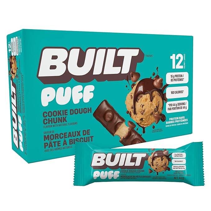BUILT Bar Puff Protein Bars - Cookie Dough - 15g Protein Snack Bars with Collagen - Calorie Conscious No Gluten Free - 12 Count