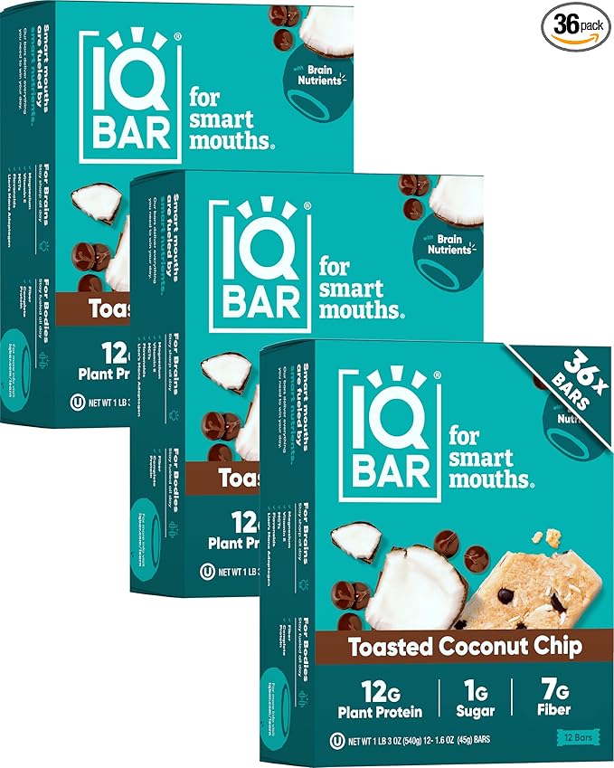 IQBAR Clean Plant Protein Bars - Toasted Coconut Chip - 36 Count - Keto Vegan High Fiber Gluten and Dairy Free Low Sugar Snack - Brain and Body Nutrients for Focus Energy Meal Replacement