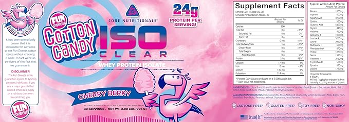 Core Nutritionals Iso Clear Whey Protein Isolate | Low Calorie Carb &amp Fat | Lactose Free &amp Easy to Digest | 24g Protein Zero Sugar | 2 Pound (Fun Sweets Cherry Berry)