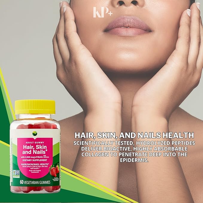 KP+ Hair Skin &amp Nails Biotin 2500 mcg | Adult Gummy Vitamins | Supports Healthy Hair Glowing Skin &amp Strong Nails | Strawberry Flavor | 60 Vegetarian Gummies | Non-GMO* | Pack of 2