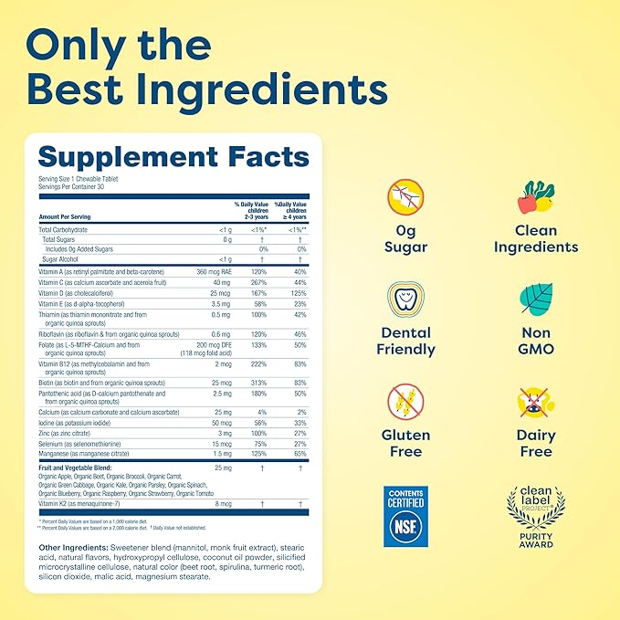 HIYA Kids Multivitamin Tablets – 15+ Essential Vitamins &amp Minerals with Fruits &amp Veggies for Ages 2+ Supports Growth Development &amp Immune 0g Sugar – 60 Day Refill Supply for Toddlers &a