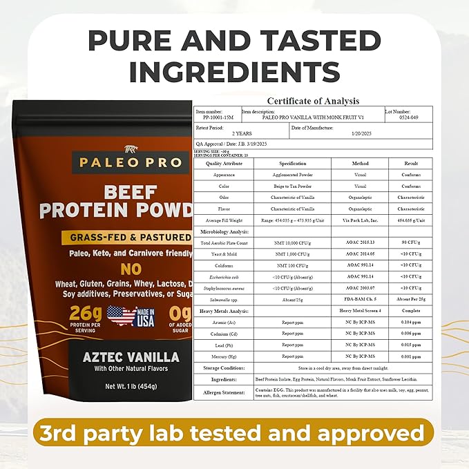 Paleo Pro 26G Beef Protein Powder - Grass Fed Protein Powder Isolate - Pure Animal Based Pastured &amp Cage-Free | Dairy &amp Gluten Free Natural &amp Clean Proteins for Paleo &amp Keto - 15 Days