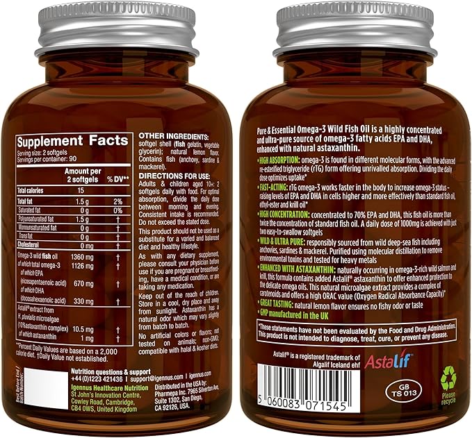 Super B-Complex 180 Tablets &amp High Absorption Omega-3 Wild Fish Oil 1360mg Bundle Methylated Sustained Release B Complex and 1000mg EPA &amp DHA with Astaxanthin by Igennus