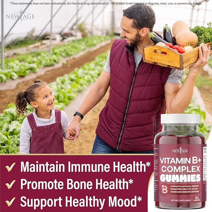 NEW AGE Vitamin B Complex Gummies with Vitamin B3 B5 B6 B7 B9 &amp B12 – with Biotin Folic Acid &amp Vitamin C – Gluten-Free Vegan Made in The USA! (60 Count (Pack of 1))