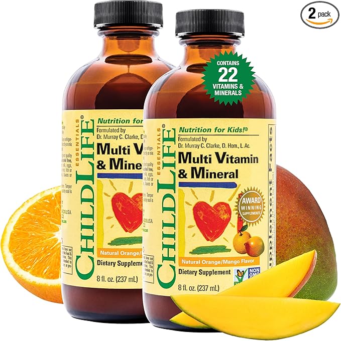 CHILDLIFE Essentials Kids Multivitamin &amp Mineral - Vitamins for Kids Liquid Multivitamin for Toddler &amp Baby - Natural Orange &amp Mango 8 Fl Oz (Pack of 2)