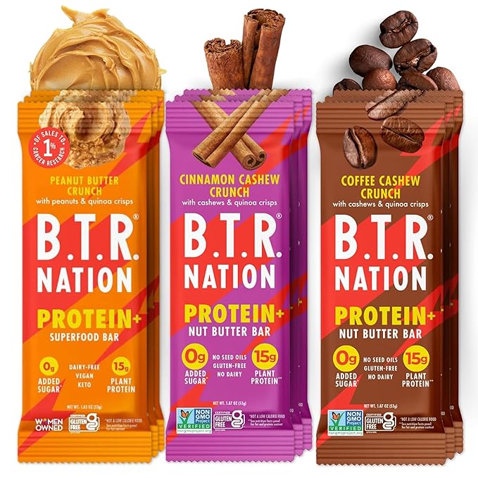 B.T.R. Nation Vegan Keto Plant Based Protein &amp Fiber Bars - High Protein (Sampler Pack) | (9 Pack) | Low Carb &amp GF Free of Sugar Alcohols Dairy Soy and Boosted with Powerful Superfoods!