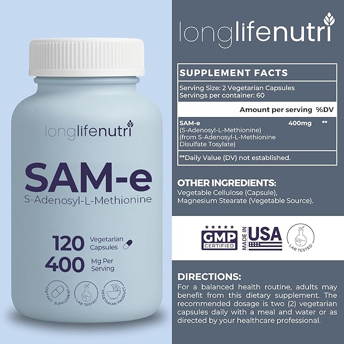 LongLifeNutri SAM-e 400mg – 120 Vegetarian Capsules Methylated S-Adenosylmethionine for Joint Mobility &amp Flexibility 2-Month Supply No Fillers GMP Certified Made in USA