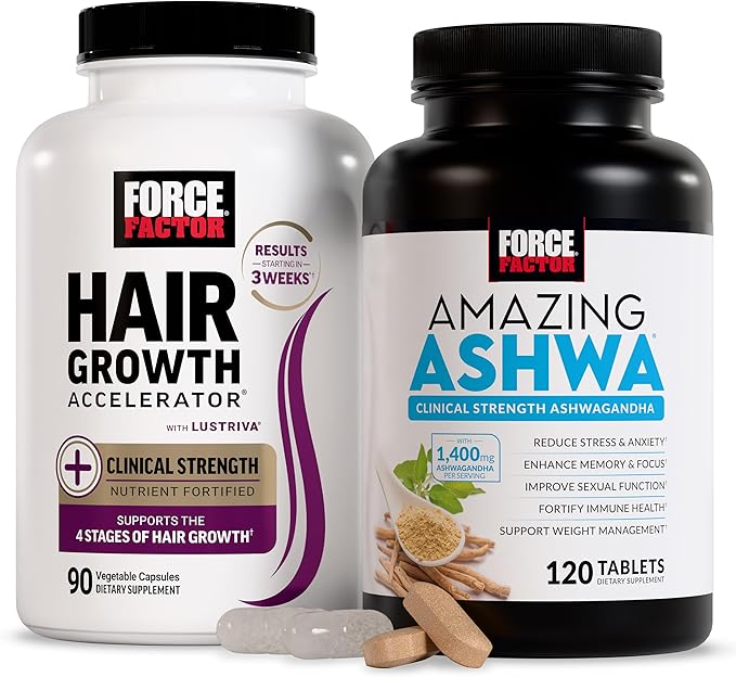 Force Factor Hair Growth Accelerator Capsules Lustriva &amp Biotin to Promote Thicker Stronger Fuller Hair 90ct + Amazing Ashwa Ashwagandha Supplement with KSM-66 Ashwagandha for Stress 120 Tabl