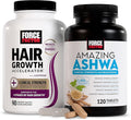 Force Factor Hair Growth Accelerator Capsules Lustriva &amp Biotin to Promote Thicker Stronger Fuller Hair 90ct + Amazing Ashwa Ashwagandha Supplement with KSM-66 Ashwagandha for Stress 120 Tabl