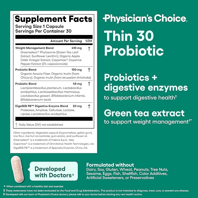 Physician's CHOICE - Beat Bloat + Support Weight Management Bundle: Digestive Enzymes + Thin-30 Probiotic