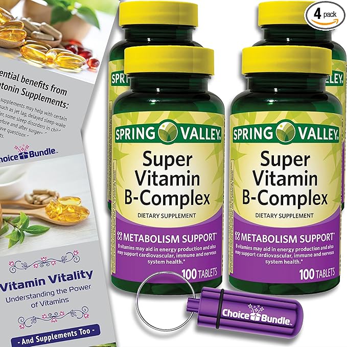Spring Valley Super Vitamin B-Complex Tablets Metabolism Support 100 Ct 4 pk (400 Total) + Vitamin Vitality &amp Pill Container (6 Items)!