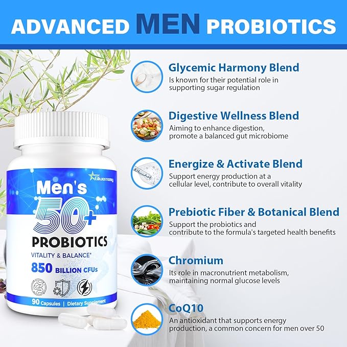 Probiotics for Men Advanced 50+ Mens Probiotic Comprehensive Gut &amp Energy Support with 850 Billion CFU 1800mg Prebiotics Fiber – Tailored Wellness mens probiotics for gut health over 50 180Cap