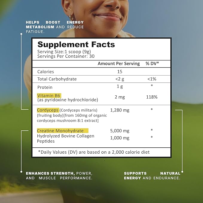 Creatine Monohydrate with Cordyceps &amp Hydrolyzed Collagen – Clean Energy &amp Performance Support – Daily Supplement – Made in USA – 9.5 oz