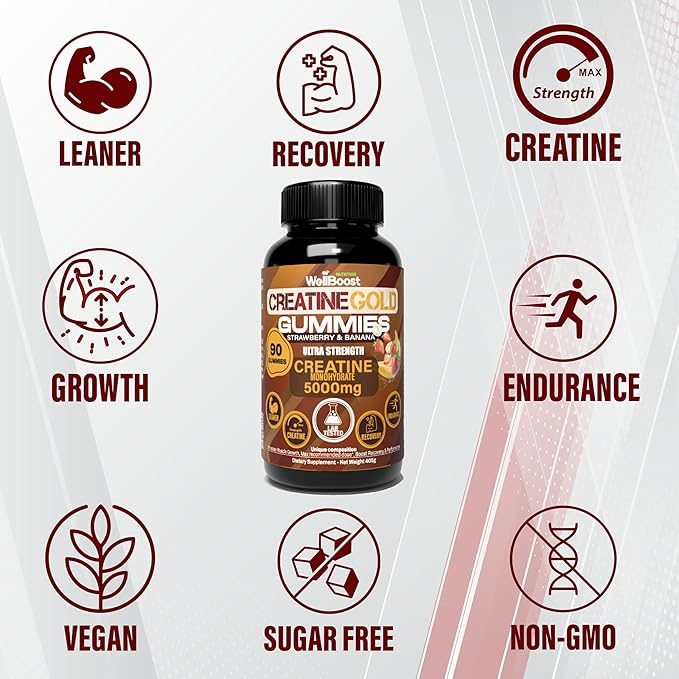 Creatine Gold – 5000mg Creatine Monohydrate Vegan Sugar-Free Gummies for Lean Muscle Growth Endurance Recovery &amp Energy (1 Month Supply) in Starwberry and Banana Flavour.
