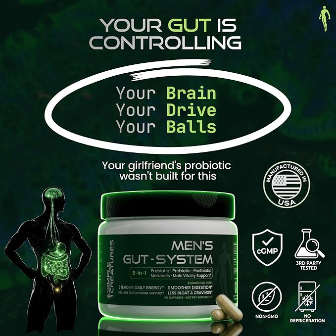 Simple Creatures Akkermansia Probiotic for Men – AKK11™ 5-in-1: Craving Control · Gut Barrier · Male Drive · Debloat · Energy | Probiotic Prebiotic Postbiotic | Tongkat Ali &amp Boron | 60 Caps