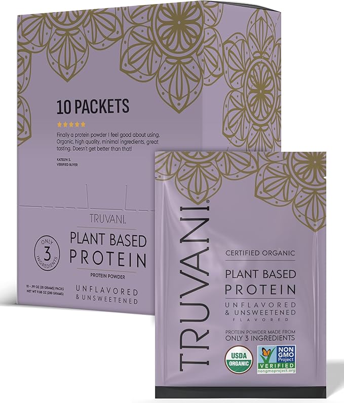 Truvani Vegan Pea Protein Powder | Unflavored | 20g Organic Plant Based Protein | Single Serving Travel Packets | 10 Servings | Keto | Gluten &amp Dairy Free | Low Carb | No Added Sugar