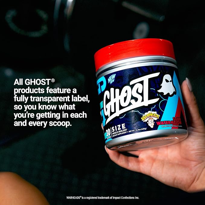 GHOST Size Muscle Builder Dietary Supplement - Warheads Sour Watermelon 30 Servings – Support Muscle Growth &amp Strength Building for Men &amp Women - Creatine &amp Betaine - Free of Sugar &amp