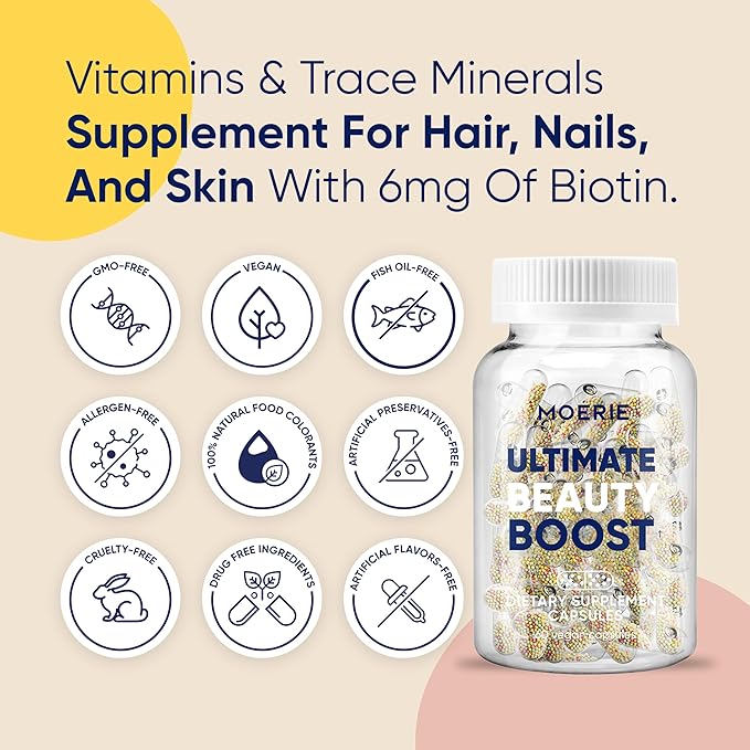 Moerie Hair Growth Supplement for Women &amp Men - Hair Skin and Nails Vitamins With Biotin Q10 &amp Minerals - For Thicker Fuller Hair &amp Hair Loss Treatment - Advanced Beadlet Delivery System
