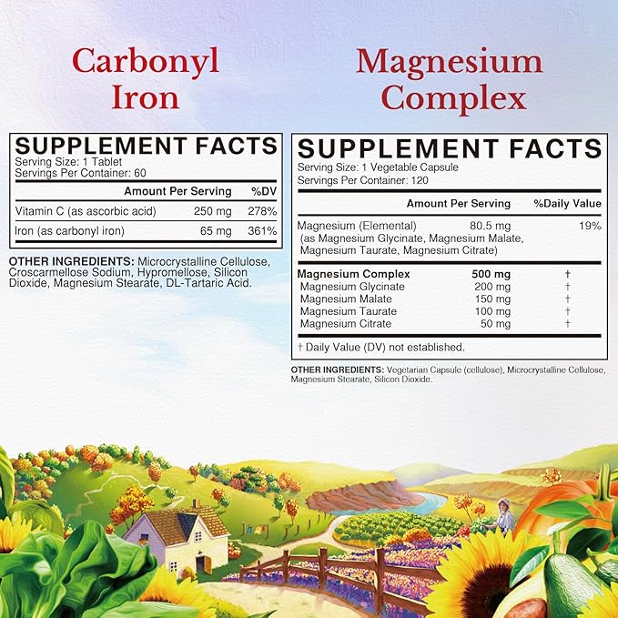 Vitalitown Magnesium Complex Supplement 500mg &amp 65mg Iron Supplement for Women Men for Sleep Muscle Blood Building &amp Energy Improvement