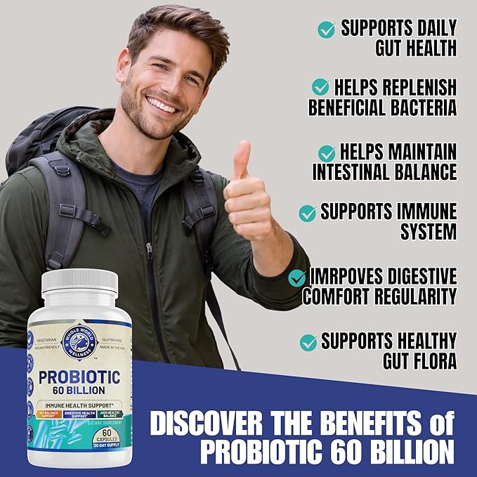 Probiotic 60 Billion CFU/g | Immune Digestive &amp Gut Health Support | Supports Constipation Gas &amp Bloating | All Natural Dairy Free Soy Free | 60 Capsules | Made in The USA.