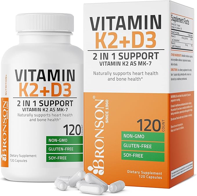 Bronson Vitamin K2 (MK7) with D3 Supplement Omega-3 Fish + Krill Oil 1000 MG