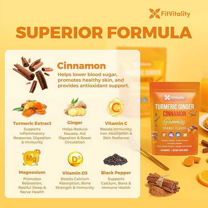 Premium 120 Turmeric Ginger Cinnamon Gummies – Vegan Gummies with Vitamin E B12 Magnesium Black Pepper Extract &amp Vitamin D3 – Orange Fruit Flavor