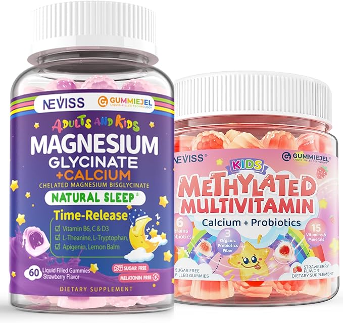 Kids Methylated Multivitamin with Calcium Probiotics Vitamin D3 K2 + Magnesium Glycinate with Calcium Filled Gummies for Adults and Kids 4+ Sleep Gummies Melatonin Free Sugar Free