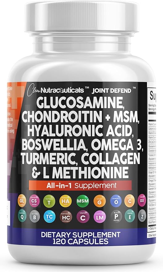 Clean Nutraceuticals Glucosamine 1500mg Chondroitin 1200mg MSM with Turmeric Curcumin Collagen Hyaluronic Acid Omega 3 – Joint Health Supplement for Men &amp Women – Joint Complex – 120 Count