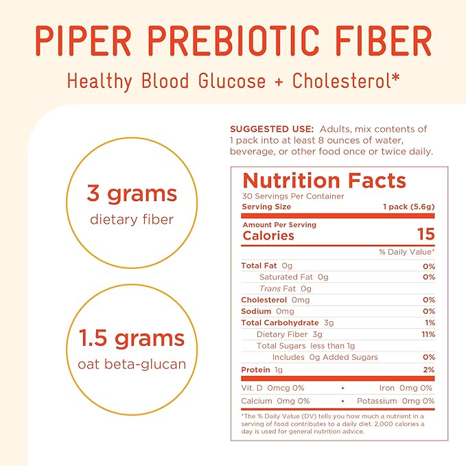Piper Prebiotic Fiber – Oat Beta-Glucan Powder for Blood Sugar and Cholesterol Support | High Molecular Weight Soluble Fiber | 30 Single-Serve Packets