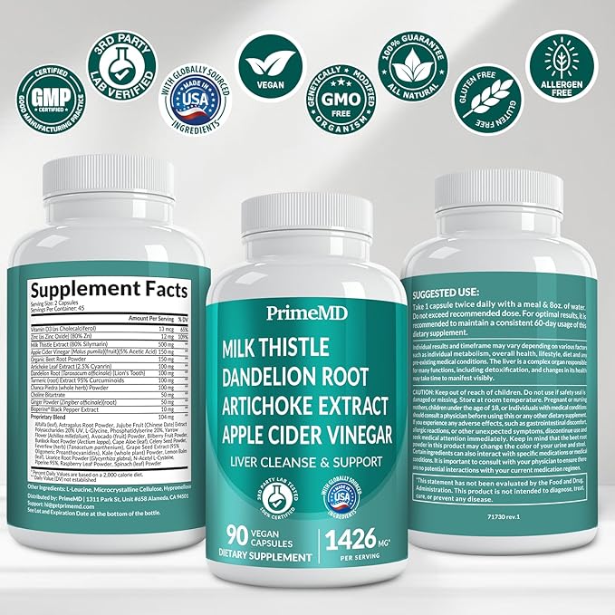 32-in-1 Liver Support with Milk Thistle Supplement – Liver Detox with Silymarin Artichoke Extract &amp Beetroot Powder – Comprehensive Wellness Formula for Liver Cleanse – 1426mg (180 count) (Pack o
