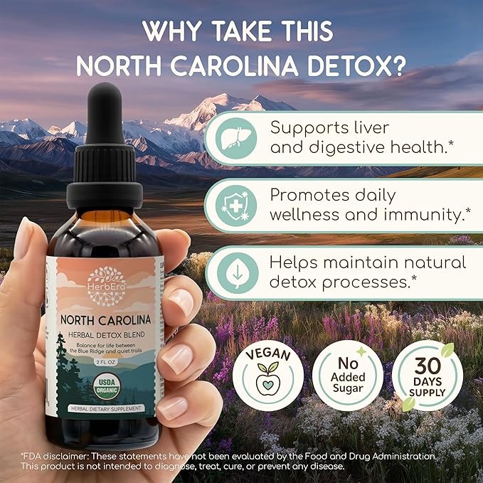 HerbEra North Carolina Herbal Detox Blend - USDA Organic Extract Made in USA | Immune &amp Liver Support Liquid Drops | Dandelion Root Eleuthero Milk Thistle Sarsaparilla | 2 fl oz