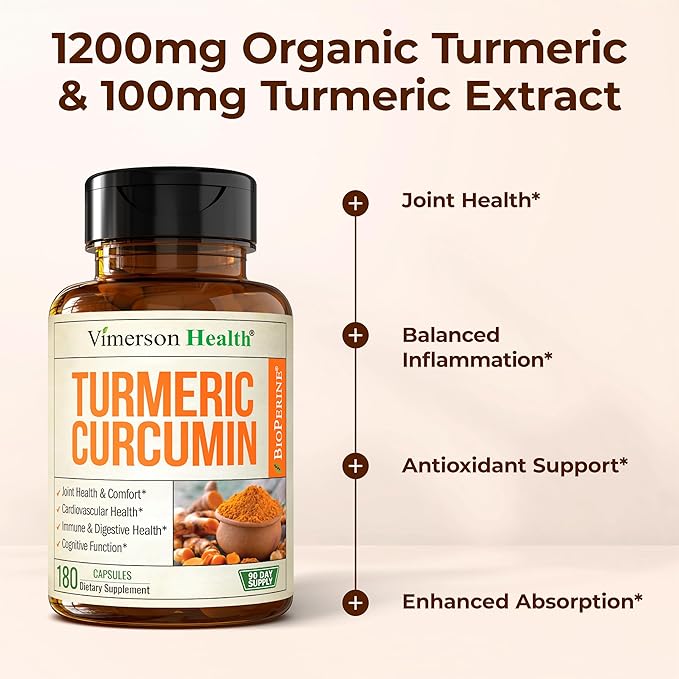 Turmeric Curcumin Supplement with Black Pepper Extract - High Potency Organic Turmeric 1200mg &amp 95% Curcuminoids for Joint &amp Digestive Health - Joint Support Supplement - 180 Vegan Curcuma Cap
