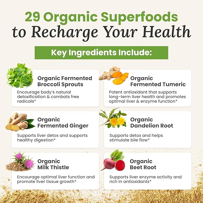 Daily Detox Greens Powder Organic Superfood Supplement for Detox Gut Health Energy Immune Support Overall Wellness Gluten Free Multivitamin Drink Mix Vegan Non GMO 30 Servings
